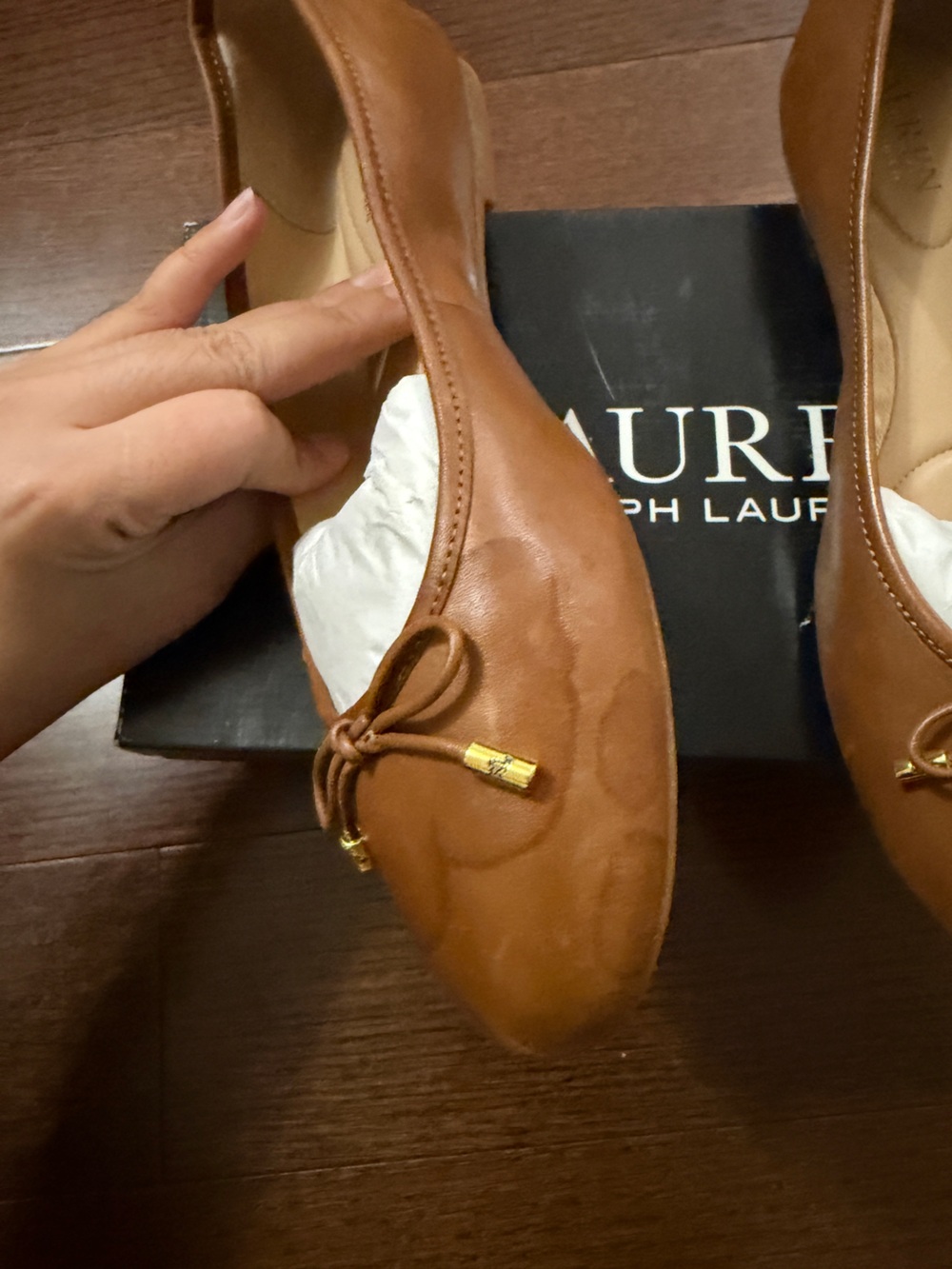 Ralph Lauren Cognac Leather Ballet Flat with Bow - Picture 5 of 12